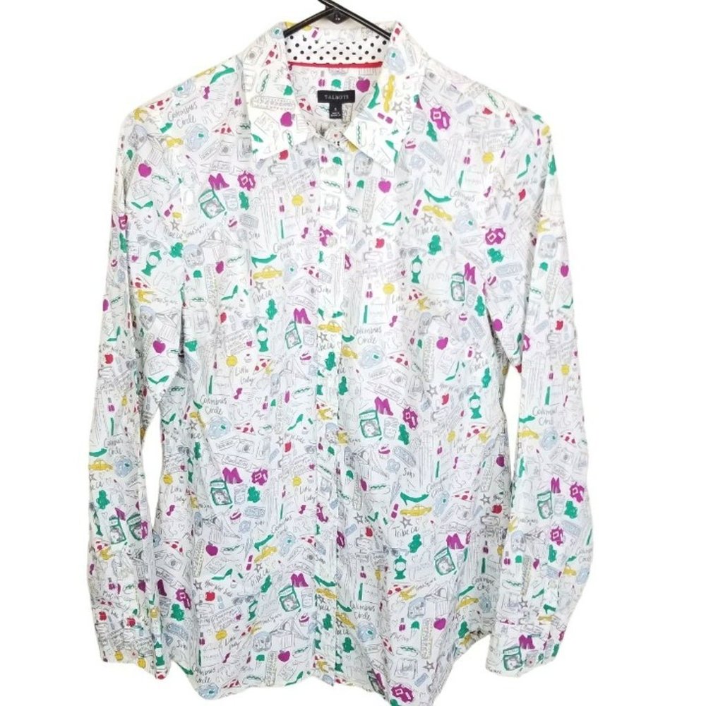 Talbots Womens S White New York All Over Print Long Sleeves Button Up Shirt